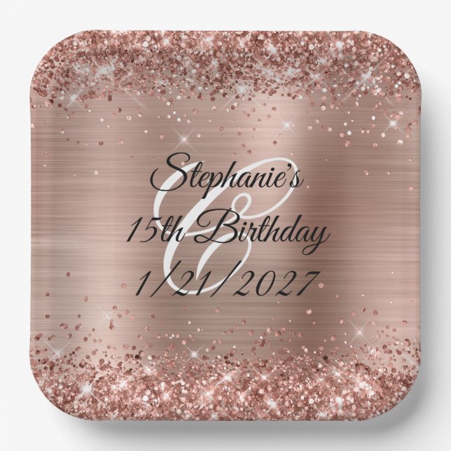 Rose Gold Glitter and Foil 15th Birthday Paper Plate (Front)