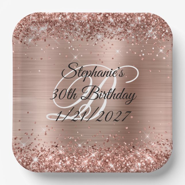 Rose Gold Glitter and Foil 30th Birthday Paper Plate (Front)