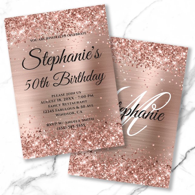 Rose Gold Glitter and Foil Fancy Monogram Invitation (Creator Uploaded)
