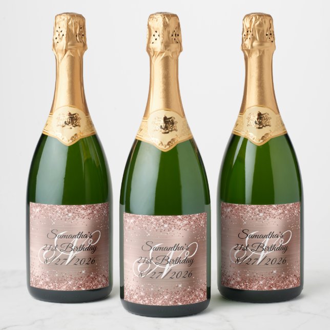 Rose Gold Glitter and Foil Monogram 21st Birthday Sparkling Wine Label (Bottles)