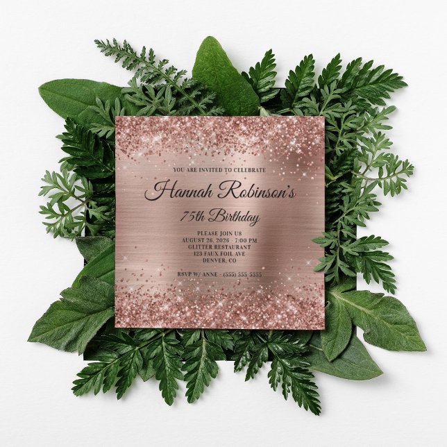 Rose Gold Glitter and Foil Monogram 75th Birthday Invitation (Create your own milestone birthday invitation for her.)