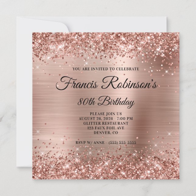 Rose Gold Glitter and Foil Monogram 80th Birthday Invitation (Front)