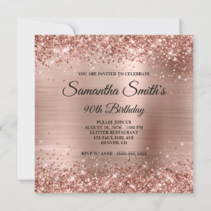 Rose Gold Glitter and Foil Monogram 90th Birthday Invitation