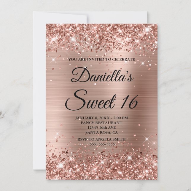 Rose Gold Glitter and Foil Sweet 16 Invitation (Front)