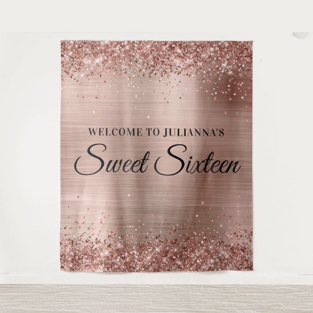 Rose Gold Glitter and Foil Sweet Sixteen Welcome Tapestry (Front)