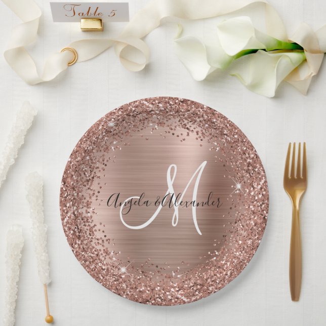 Rose Gold Glitter and Foil Wedding Monogram Paper Plate (Wedding)
