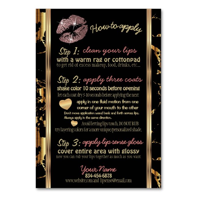 Rose Gold Glitter and Marble Lip Instructions Table Number (Front)