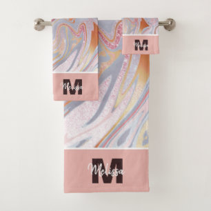 Rose gold glitter and marble personalised bath towel set