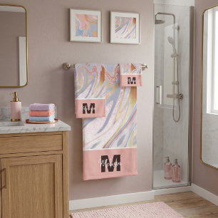Rose gold glitter and marble personalised bath towel set