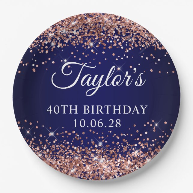 Rose Gold Glitter and Navy Blue 40th Birthday Paper Plate (Front)