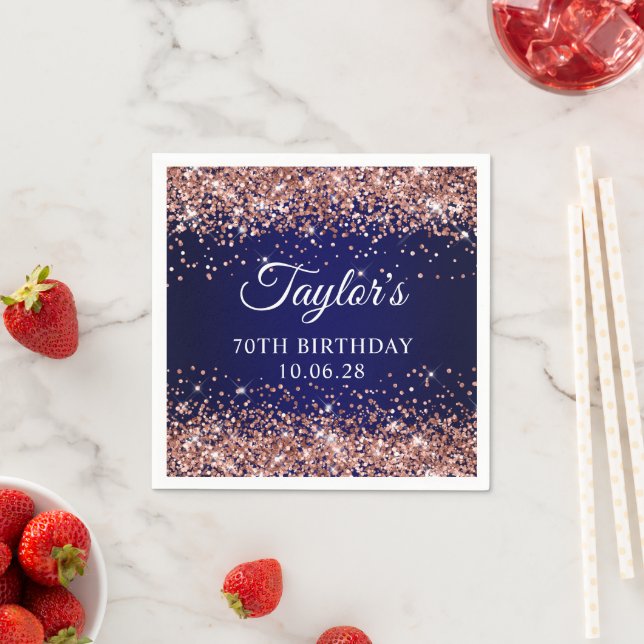Rose Gold Glitter and Navy Blue 70th Birthday Napkin (Insitu)