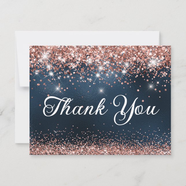 Rose Gold Glitter and Navy Blue Foil 40th Birthday Thank You Card (Front)