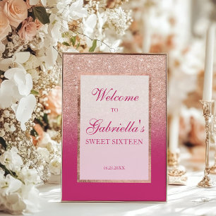 Rose Gold Glitter and Pink Ombre Sweet 16 Welcome Poster