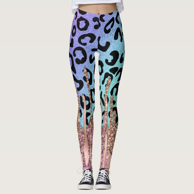 Rose Gold Glitter and Rainbow Leopard Print Yoga Leggings (Front)