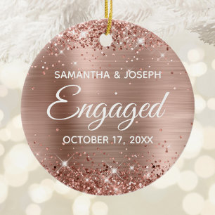 Rose Gold Glitter and Shiny Foil Engaged Ceramic Tree Decoration