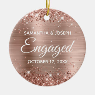 Rose Gold Glitter and Shiny Foil Engaged Ceramic Tree Decoration