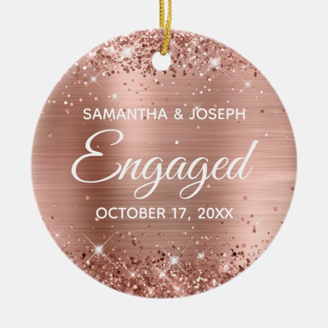Rose Gold Glitter and Shiny Foil Engaged Ceramic Tree Decoration (Front)