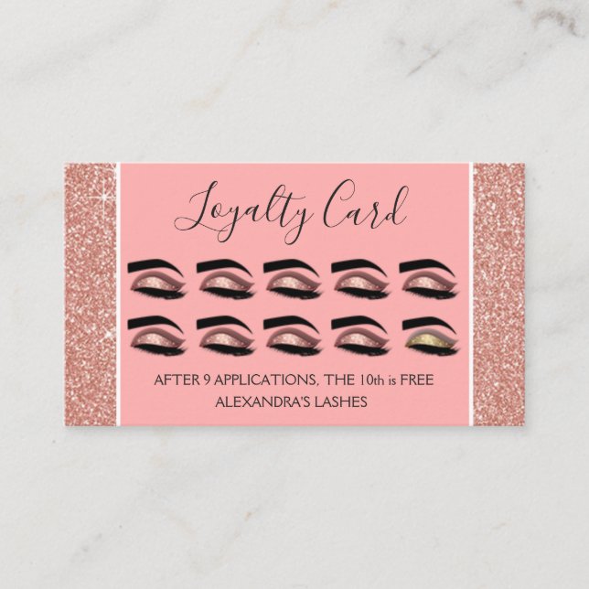 Rose Gold Glitter and Sparkle Eyelash Extensions Loyalty Card (Front)
