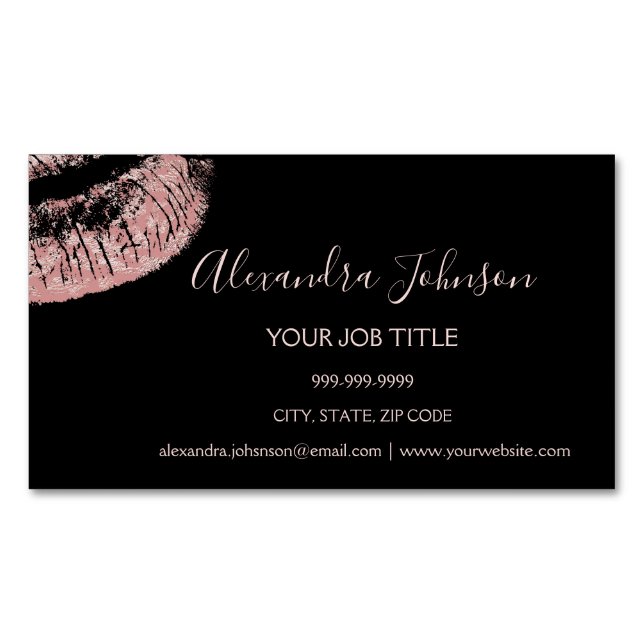 Rose Gold Glitter and Sparkle Lipstick Makeup Magnetic Business Card (Front)