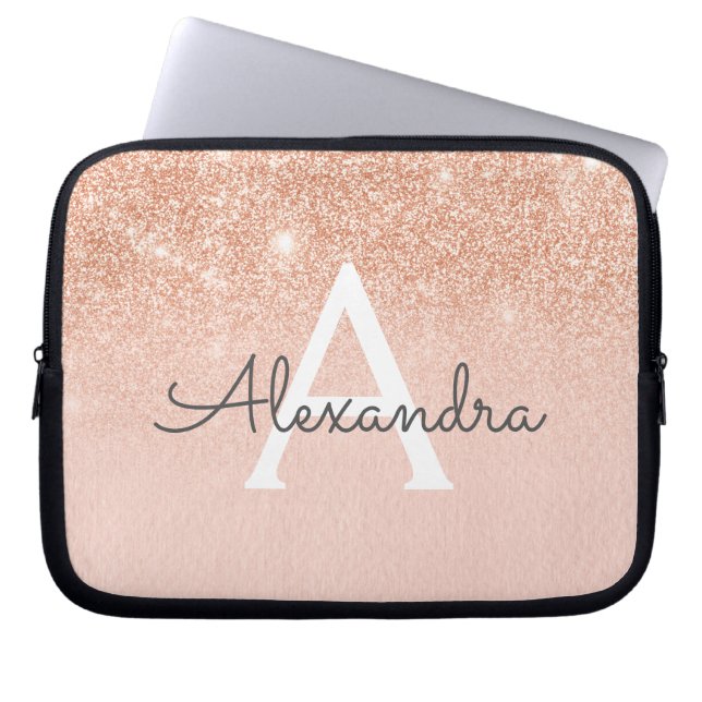 Rose Gold Glitter and Sparkle Monogram Laptop Sleeve (Front)