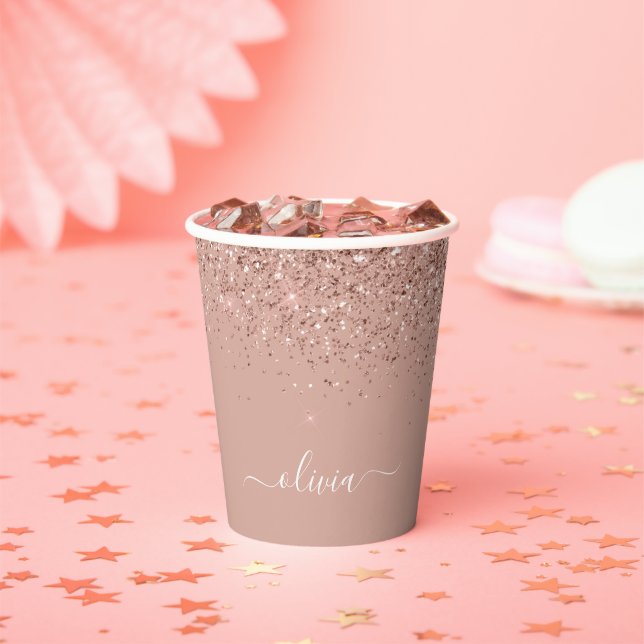 Rose Gold Glitter and Sparkle Monogram Paper Cups (Insitu)