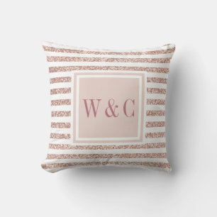 Rose Gold Glitter and White Stripe Monogram Cushion