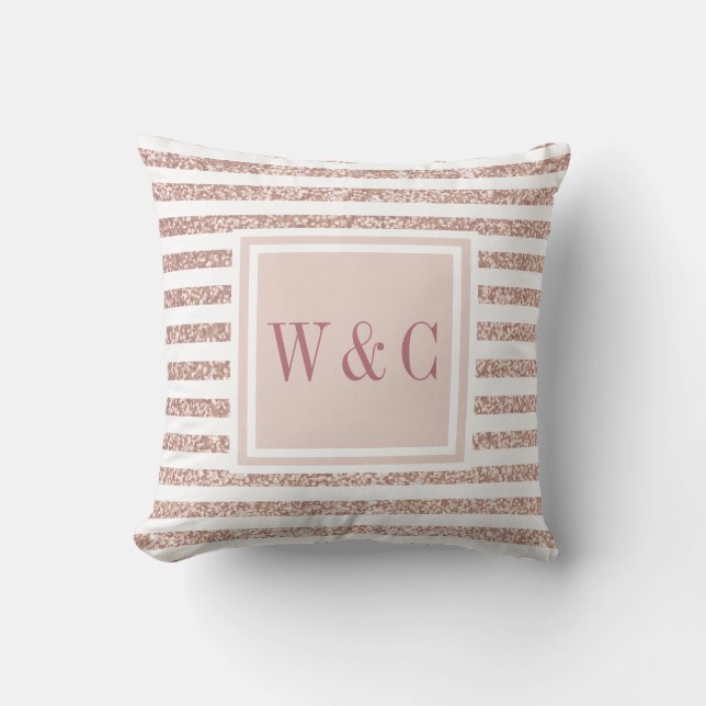 Rose Gold Glitter and White Stripe Monogram Cushion (Front)