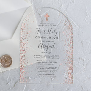 Rose Gold Glitter Arch First Communion Acrylic Invitations