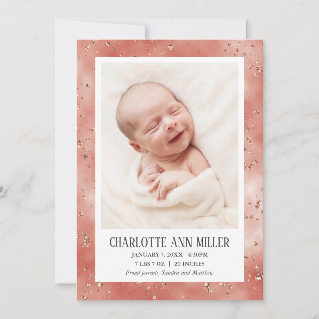 Rose Gold Glitter Baby Birth Announcement Card (Front)