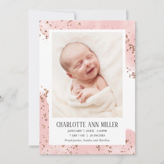 Rose Gold Glitter Baby Birth Announcement Card (Front)