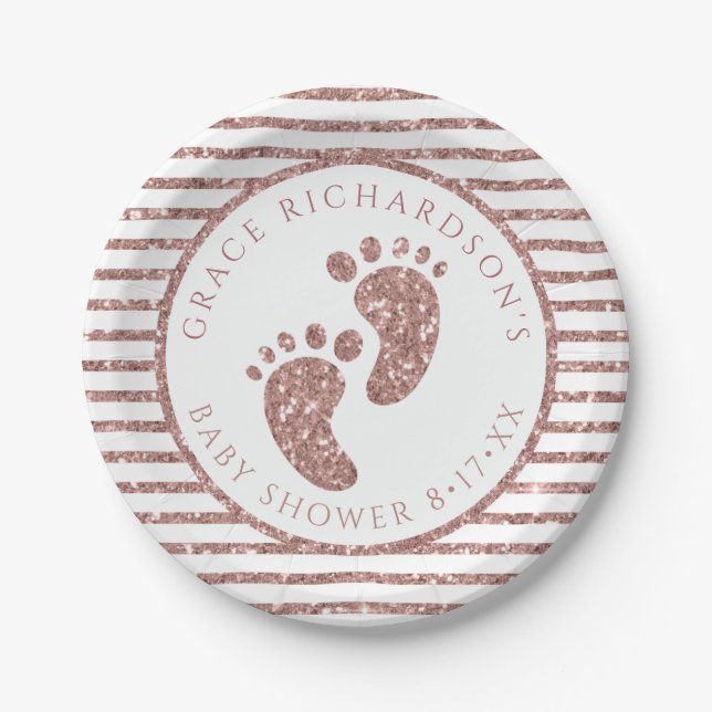 Rose Gold Glitter Baby Feet Baby Shower Personaliz Paper Plate (Front)