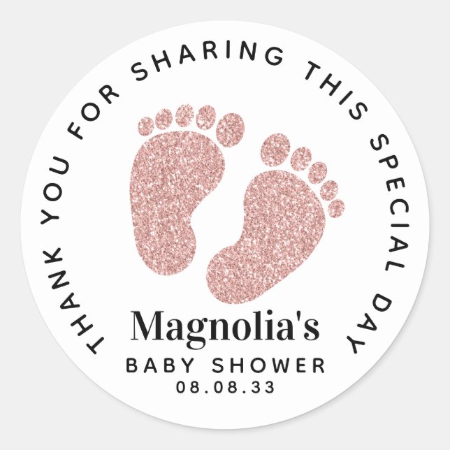 Rose Gold Glitter Baby Feet Baby Shower Thank You Classic Round Sticker (Front)