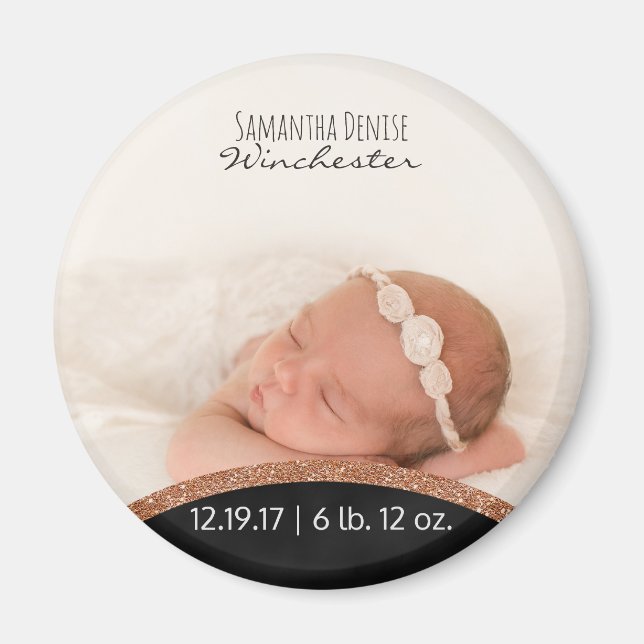 Rose Gold Glitter | Baby Photo Birth Announcement Magnet (Front)