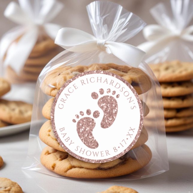 Rose Gold Glitter Baby Shower Favour Sticker  (Rose Gold Baby Feet Favor Sticker)