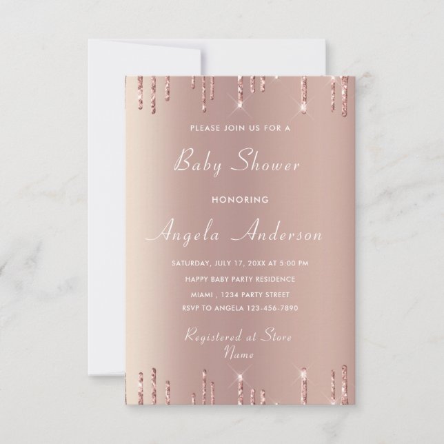 Rose Gold Glitter Baby Shower Invitation Example (Front)
