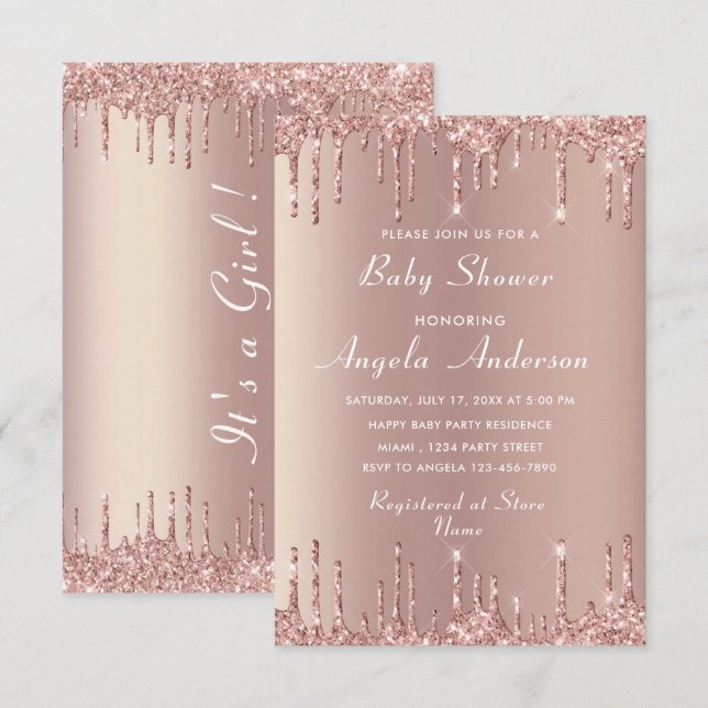 Rose Gold Glitter Baby Shower Invitations Example (Front/Back)