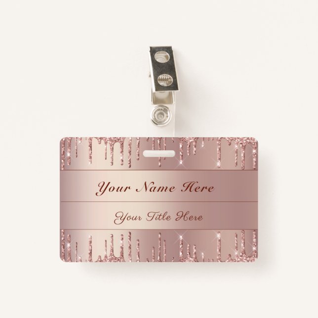 Rose Gold Glitter Badge Template Custom Name Text ID Badge (Front with Clip)