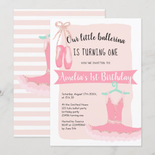 Rose Gold glitter ballerina 1st birthday party Invitation