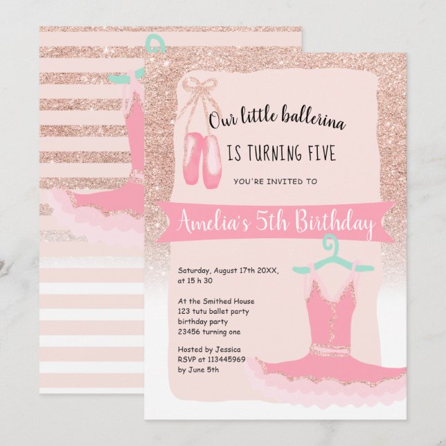 Rose Gold glitter ballerina tutu 5th birthday Invitation (Front/Back)