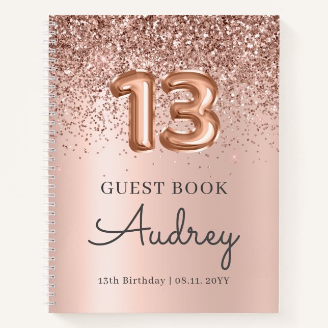 Rose Gold Glitter Balloon 13th Birthday Guest Book (Front)
