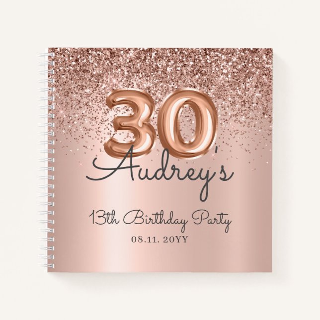 Rose Gold Glitter Balloon 30th Birthday Guest Book (Front)