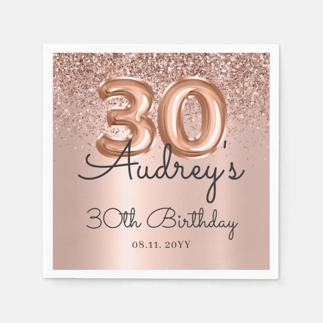 Rose Gold Glitter Balloon 30th Birthday Monogram Napkin (Front)