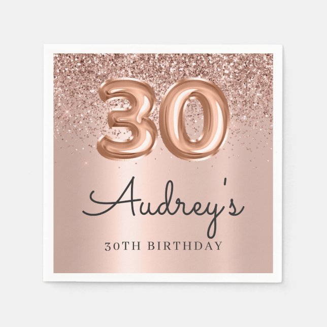 Rose Gold Glitter Balloon 30th Birthday Monogram Napkin (Front)