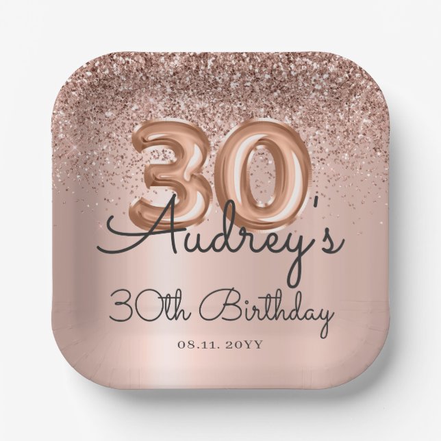 Rose Gold Glitter Balloon 30th Birthday Monogram Paper Plate (Front)