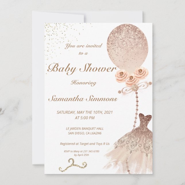 Rose Gold Glitter Balloon Dress Baby Shower Invitation (Front)