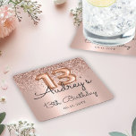 Rose Gold Glitter Balloon Metallic 13th Birthday  Square Paper Coaster<br><div class="desc">Elegant Rose Gold Glitter Balloon 13th Birthday Monogram Custom Personalised Coaster. This Kids Girl Birhday coaster featuring Modern Metallic Glitter Rose Gold elegant hand lettered calligraphy script and fun rose gold foil number balloons on metallic foil look rose gold or blush pink background. Ideal for a 13-year-old girl's birthday celebration...</div>