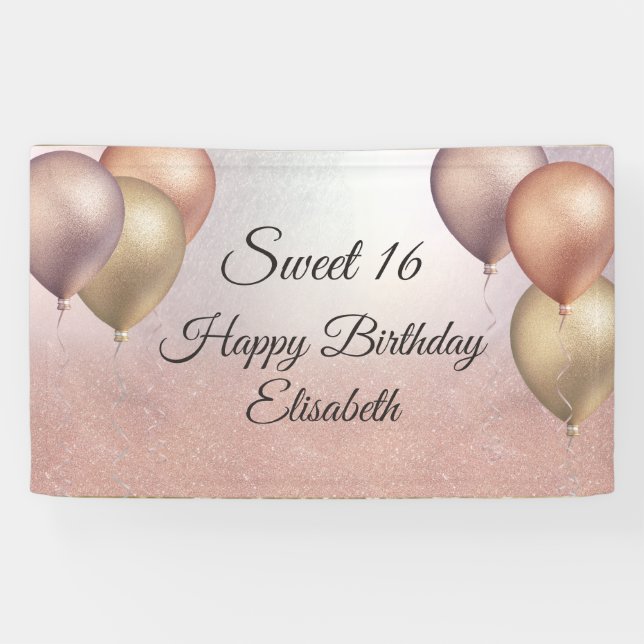 Rose gold glitter balloon sweet 16 party banner (Horizontal)