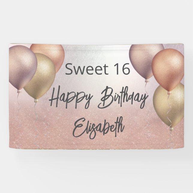 Rose gold glitter balloon sweet 16 party banner (Horizontal)