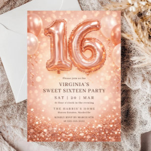 Rose Gold Glitter Balloon Sweet Sixteen Birthday Invitation