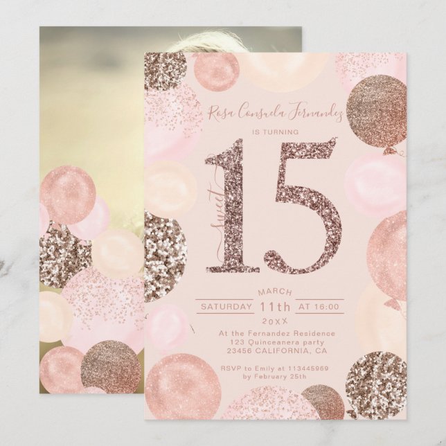 Rose gold glitter balloons blush Quinceanera photo Invitation (Front/Back)